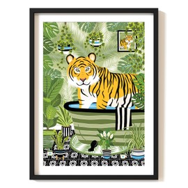 Parmaro Tiger in Bath Print, Tiger in Bathroom Print, A4 UNFRAMED Print, Animal on Toilet Print, Green Black, Tiger Toilet Print, Tropical Bathroom Decor