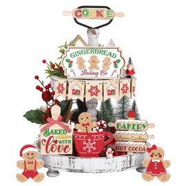 Jetec 12 Pcs Christmas Tiered Tray Decorations Set Christmas Wooden Signs Tiered Tray Decor Xmas Gingerbread Man Snowflakes Pink Gnome Sign Rustic Farmhouse Decor for Home Table Shelf(Gingerbread)