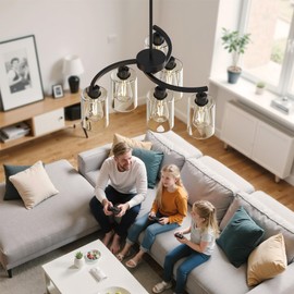 DORESshop 6-Light Black Farmhouse Chandeliers for Dining Room, Adjustable Height Modern Farmhouse Chandelier with Clear Glass Shade for Living Room, Bedroom, Kitchen Island and Foyer Entryway