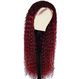 Weeybay Curly Wave Human Hair Wig Glueless 4x4 Lace Closure Wig Burgundy 150% Density 100% Brazilian Real Hair Wigs with Baby Hair Ombre Wig for Woman 16 Inches #1B99J