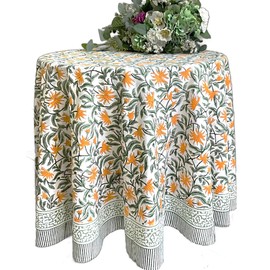 ATOSII Noor 100% Cotton Round Tablecloth, Handblock Print Floral Table Cloth for Kitchen Dining Linen I Parties, Weddings, Outdoors, Spring, Easter, Picnic Table Decor I 60" Inches Round