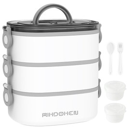 RIKDOKEN Lunch Box, Stackable 3 Layers Containers, Portable 94OZ Large Capacity Leakproof Bento Box with Spoon & Fork & Sauce Boxes, Microwave Safe Lunch Box for Kids and Adults