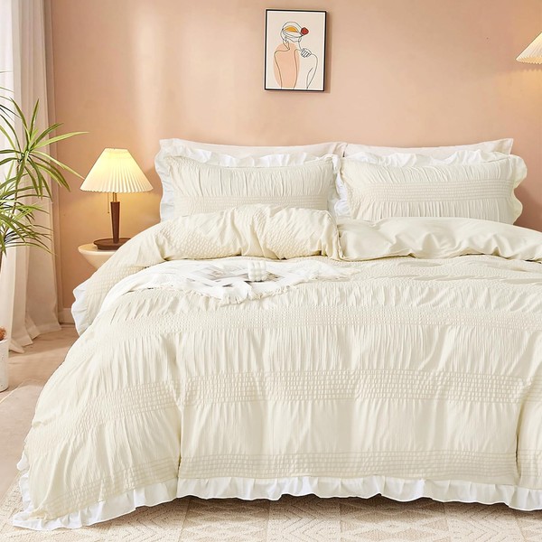 Guchuang Bedding Cream White Seersucker Duvet Cover Set Double Size,