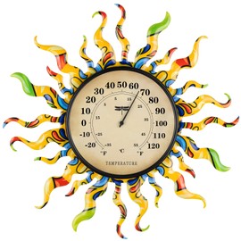 Indoor Outdoor Thermometer,Outside Temperature Gauges for Patio 13 Inch Wall Mounted Sun Thermometer Decorative Muticolor Mexican Decor Hanging Wall Art for Greenhouse Garden Lanai Livingroom Fence