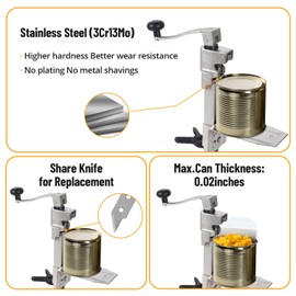 Manual Table Can Opener with 3 Spare Blades, Opener for Cans Up to 11.8”/30cm, Heavy Duty Commercial Countertop Can Opener, with Stainless Steel Blade and Plated Steel Base, Cast Iron