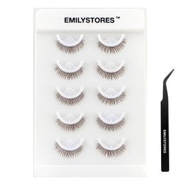 EMILYSTORES Brown Self Adhesive Eyelashes Stick Lashes Pre-Glued Natural Press on Lashes, Reusable, With Tweezer Applicator 5 Pairs (DLP07)