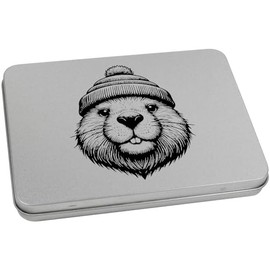 Azeeda 170mm 'Beaver wearing Woolly Hat' Metal Hinged Tin/Storage Box (TT00232997)