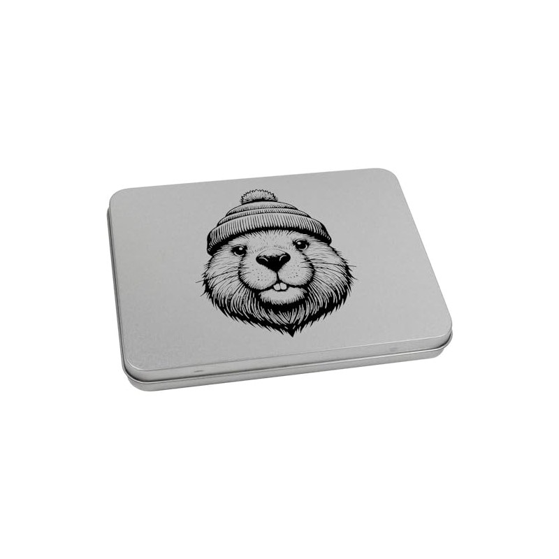 Azeeda 170mm 'Beaver wearing Woolly Hat' Metal Hinged Tin/Storage Box
