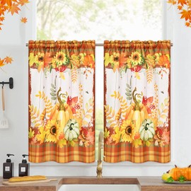 FRAMICS - Cortinas de nivel de otoño, 36 pulgadas de largo, para cocina y baño de Acción de Gracias, 30 pulgadas de ancho x 36 pulgadas de largo, 2 paneles - Cortinas de calabaza, girasol búfalo a