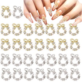 30Pcs Silver Gold Wreath Nail Charms 3D Christmas Pearl Garland Nail Charms Xmas Winter Alloy Rhinestone Bows Nail Charms for Women Girls DIY Manicure Nail Art Decoration Accessories
