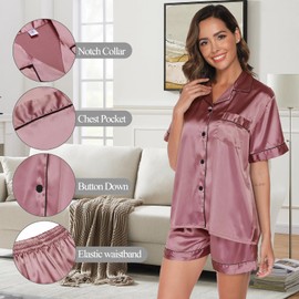 Yowmina Womens Satin Pajamas Set Shorts Sleeve Button Down Top and Shorts Sleepwear 2 Piece Silk Pjs Notch Collar Loungewear(Deep Pink_L)