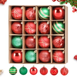 16 Pieces Christmas Baubles Red Green, Christmas Tree Decoration Plastic, Christmas Baubles Plastic Set with Hanger, Glitter Christmas Tree Baubles Christmas Tree Decoration for Festival Christmas