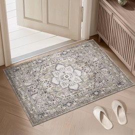 PURRUGS Vintage Farmhouse Boho Throw Rug 2x3 ft, Non-Slip Machine Washable Rug, Accent Oriental Area Rug for Entryway, Kitchen, Bedroom, Living Room and Dining Room, Taupe/Vanilla