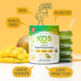 KOS Organic Superfood Greens Powder - Gut Health from Prebiotic Fiber, Supergreens and Adaptogens - USDA Certified Organic, Made in a GMP Certified Fa