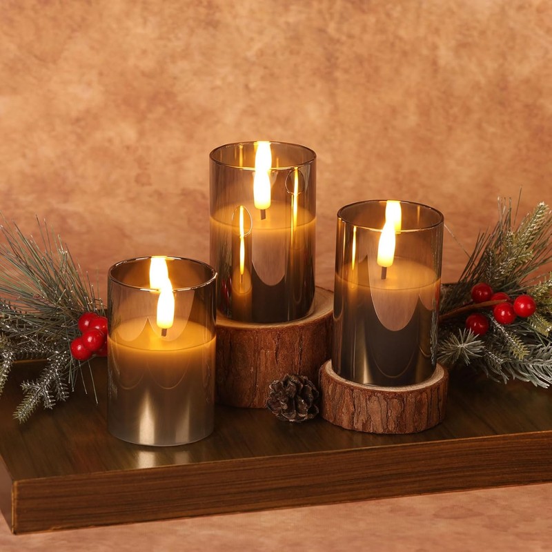 Grey Glass Flameless Votive Candles with Remote Timer, Real Wax