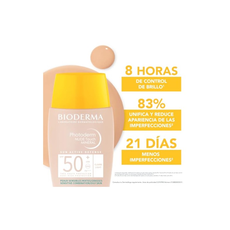 BIODERMA, Protector Solar, Photoderm NUDE Touch Mineral Tono Claro, FPS50+,