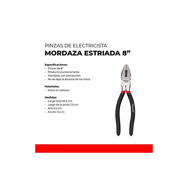 SANTUL, Pinzas de Electricista, Mordaza Estirada, Sujetar y Cortar, Mango