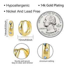 Gold Hoop Earrings for Women, Small Sterling Silver 925 Gold Hoop Earrings With Colorful Zircon, Hypoallergenic Lightweight Thick Chunky Gold Small Cartilage Huggie Hoop Earrings for Women