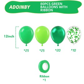 ADOINBY Adoinby Green Balloons - 80 Pcs, 12 Inch Different Shades Lime Green, Chrome Metallic, Latex Balloons with Confetti for Jungle Safari, Forest Themed Birthday Party Decoration
