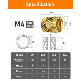 HOLMOL Threaded Insert Set of 150 Brass Melting Thread M4 x 6 x 6 mm for Plastic, Knurled Insert Nuts for 3D Printing Accessories and DIY Projects, Thread Inserts with Tweezers