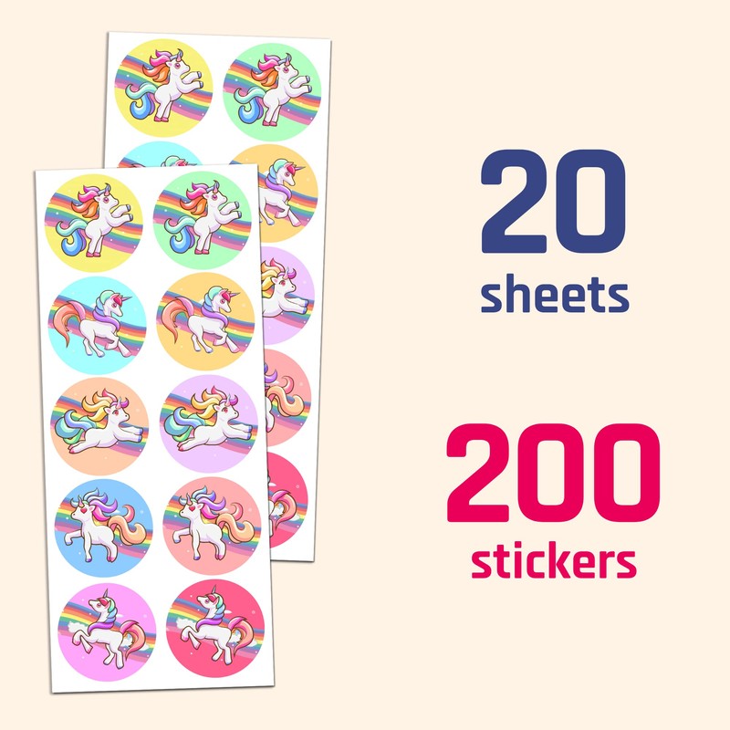 Unicorn Sticker Sheets for Kids, 1.5" - 20 Sheets, 200