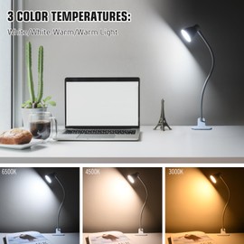 CeSunlight Clamp Desk Lamp, Clip on Reading Light, 3000K-6500K Adjustable Color Temperature, Multiple Illumination Modes, CRI>90, 6Watts (Adapter Not Included)