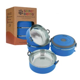 Healthy Human Travel Pet Bento Bowls - Human-Grade Stainless Steel & BPA-Free, Leak-Proof Water & Food Container Set for Dogs & Cats, 4-Pack Interlocking Bowls, Includes Spare Clips & Handle (Blue)