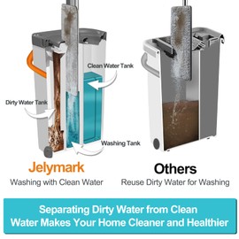 Jelymark Flat Mop and Bucket with Wringer Set, Separates Dirty and Clean Water, 3-Chamber Mop Wet and Dry Use, Hands Free Squeeze Mops for Floor Cleaning, 8 Reusable Microfiber Mop Pads Included