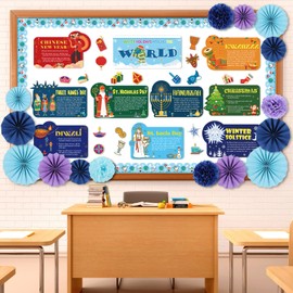gisgfim Winter Bulletin Board Set Holidays Around The World Classroom Bulletin Board Decoration with Paper Pom Pom Chinese New Year Hanukkah Diwali Kwanzaa Christmas Cutouts for School Home Wall Decor