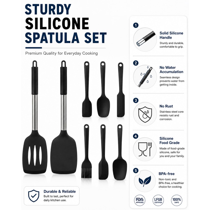 8 Pcs Silicone Spatula Set, Food Grade Kitchen Utensils Solid