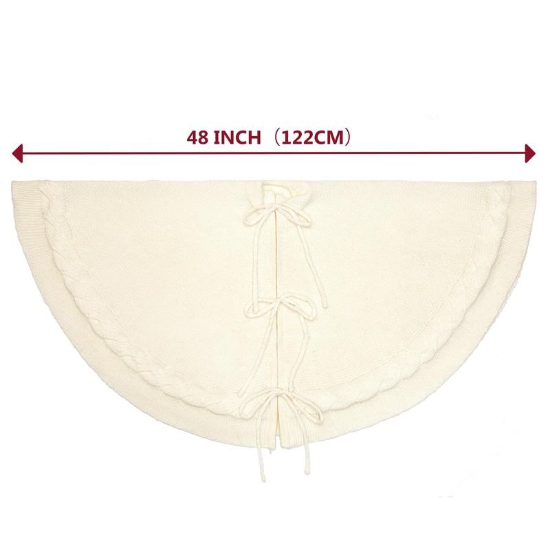 48 inches White Knitted Christmas Tree Skirt: Thick Cable Knit