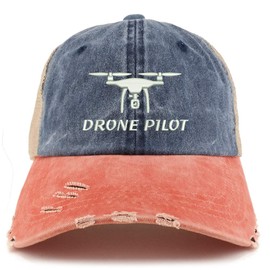 Trendy Apparel Shop Drone Pilot Embroidered Frayed Bill Trucker Mesh Back Cap - Navy Orange