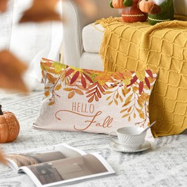 Fukeen Hello Fall Maple Leaves Throw Lumbar Pillow Covers 12x20 Inch Orange Autumn Leaves Harvest Farmhouse Decorations Pillow Cases Cotton Linen Outdoor Cushion Cover for Thanksgiving