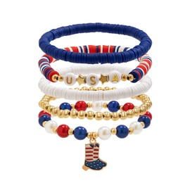 Fuqimanman2020 July 4th Independence Day Polymer Clay Beaded Stretch Bracelets USA Patriotic Red White Blue Elastic Bracelets for Women, 7, Resin, no gemstone