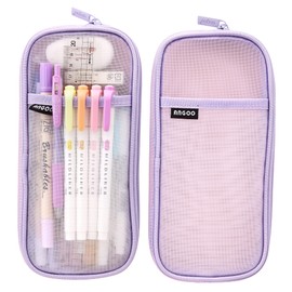 MAMUNU Transparent Mesh Pencil Case, Large Capacity Transparent Pencil Case with Zip, Pencil Case, School Supplies, Girls, Women, for School and Office, Purple