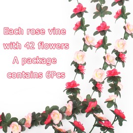 Honitra 6pcs 35.4ft Flower Garland Artificial Rose Vine with Green Leaves Hanging Flower Garland for Room Wall Arch Wedding Birthday Party Decor (Pink)