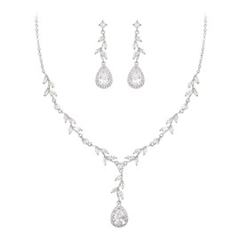 EVER FAITH Cubic Zirconia Jewellery Set for Women Teardrop Marquise Leaf Vine Pendant Necklace and Earrings Set, Cubic Zirconia, Cubic Zirconia