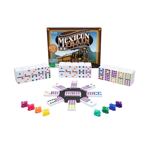 Mexican Train Dominoes - Beautiful Color Dot Double 12 Dominoes Set - Includes Train Markers and Hub by Pressman Multi Color, 5"