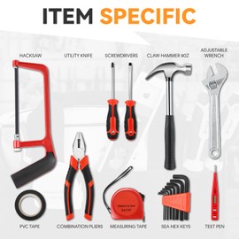 Auto Dynasty 19pcs Tool Bag Household DIY Hand Tool Portable Kit with Measuring Tape, Pliers, Level, Screwdrivers, Wrench, Hammer, Hacksaw, and Wide-Open Mouth Canvas Storage Bag, Red