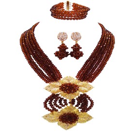 aczuv Fashion African Bead Necklace Nigerian Beads Wedding Jewelry Sets for Women (Brown)