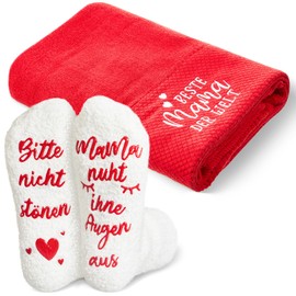 Zomiboo Weltbester Mama Geschenke Set 50 x 100 cm Bestickt Mama Handtuch und Lustige Mama Socken Muttertag für Mama Geburtstag Geschenk von Tochter Sohn