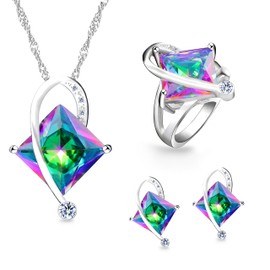 Uloveido Big Square Rainbow Created Topaz Wedding Rings Set, Princess Cut CZ Stone Jewellery Set, Birthstone Necklace Set (Multi, Size Q) T295