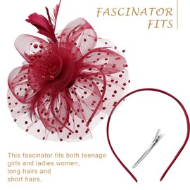 DRESHOW Fascinators Hat for Women Veil Mesh Tea Party Hat Headwear Feather Derby Hat Pillbox Hat and Gloves Pearl Jewelry Set for Cocktail 1920s Party