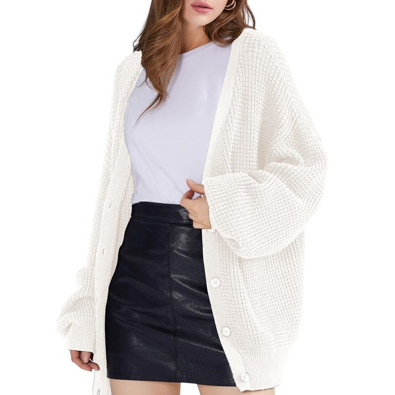 QUALFORT Cardigan Sweaters for Women 100% Cotton Button-Down Oversized Knit