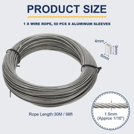 PATIKIL 98.4Ft 304 Stainless Steel Cable Kit, 1/16" Plastic Coated Wire Rope 7x7 Strand Core with 50 Pcs Aluminum Sleeves for Clothes Line Handrail (30M x 1.5 Mm)