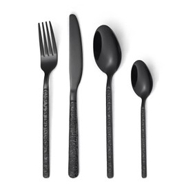 24 Pcs Black Hammered Silverware Set Service for 6,Stone Pattern Vintage Stainless Steel Flatware Set,Cutlery Utensil,Durable Kitchen Eating Tableware Set,Ripple Fork Knife Spoon Set,Dishwasher Safe