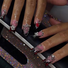 24 Pcs Press on Nails Medium YEFIUO Pink Nail Tips Acrylic Nail Kit Square Fake Nails Press ons Stick on Nails Full Cover Reusable Artificial False Nails Black French 3D Charms Glue on Nails for Women