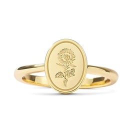 Drawelry Damen Sterling Silber Ringe:18 Karat Vergoldete Mohn Sonnenblum Blume Gravierter Siegelring für Frauen Minimalistisch Minimalistisch Schmuckgeschenk für Mädchen (59（19.0）, Gold-2)