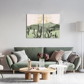 LevvArts Boho Wall Art Canvas Cactus Desert Mountain Range Painting Prints Modern Southwest Boho Cactus Wall Decor - 16"x24"x2PCS (Green)