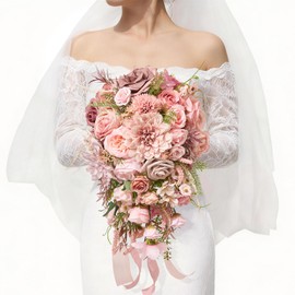 Wedding Bouquets for Bride, 10 in Bridal Bouquets for Bride, Artificial Dusty Pink Cascading Bouquets for Wedding Ceremony and Anniversary Decor